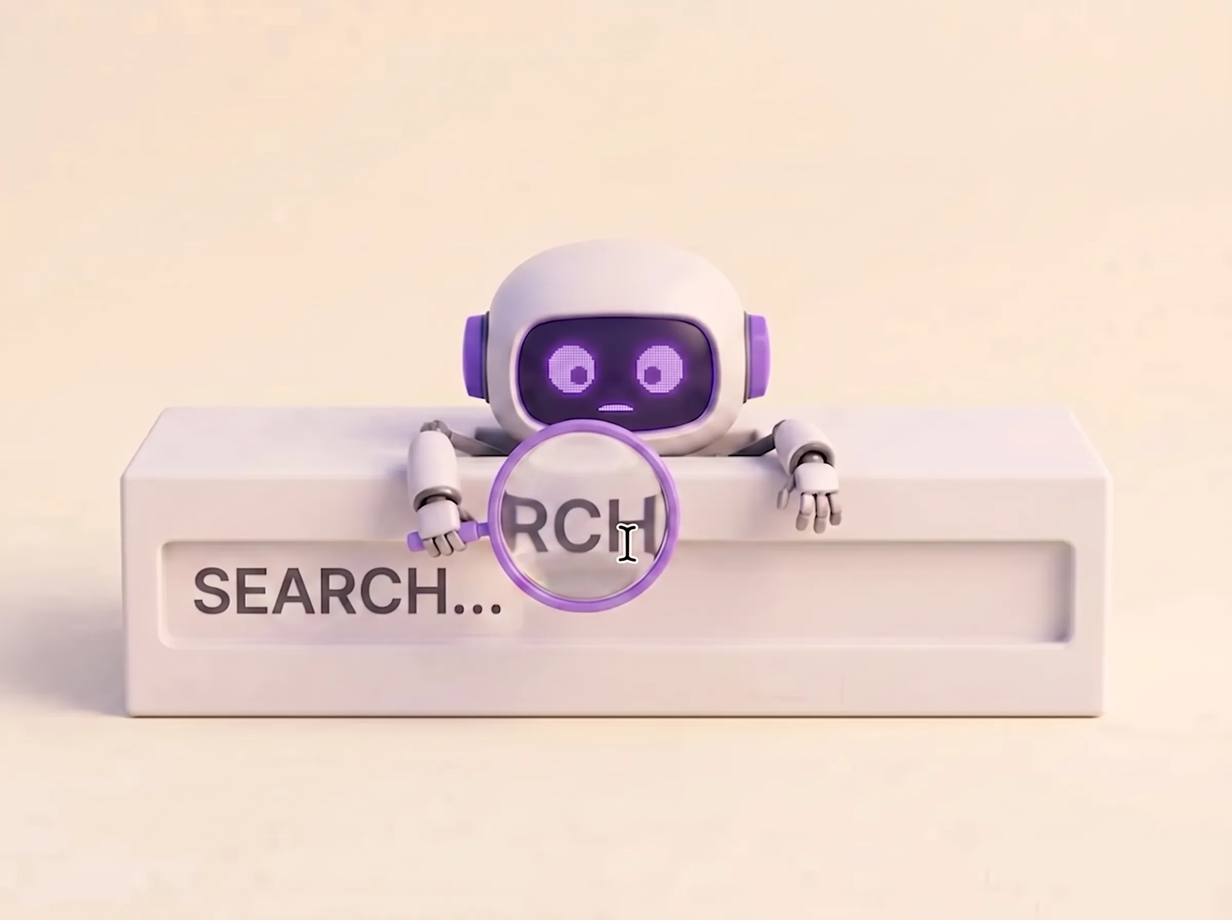 Robot crammed inside a giant search bar, peering at its text through a magnifying glass.